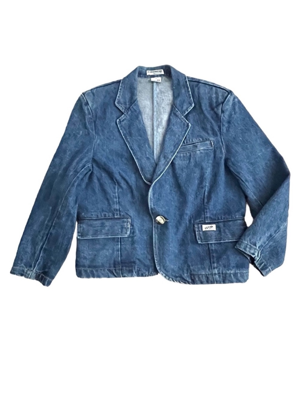 Vintage 90s Guess Denim Single Button Blazer with Shoulder Pads Boxy Fit USA